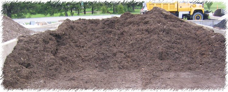 A pile of dirt in front of trees.